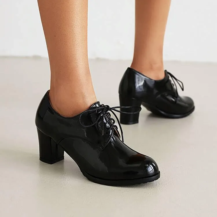 Women Vintage Style Lace Up Derby Shoes Glossy Patent Round Toe High Block Heels
