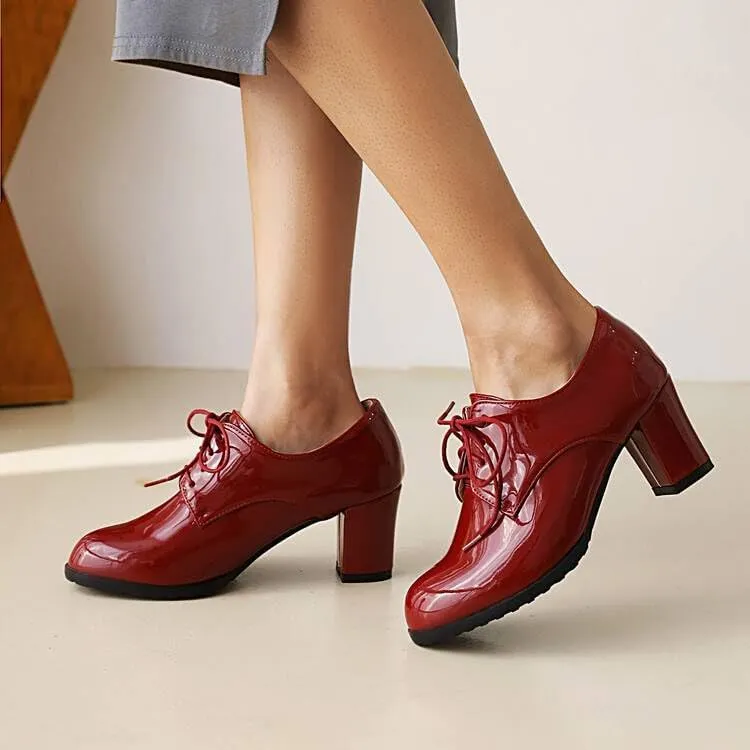 Women Vintage Style Lace Up Derby Shoes Glossy Patent Round Toe High Block Heels