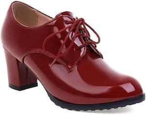 Women Vintage Style Lace Up Derby Shoes Glossy Patent Round Toe High Block Heels