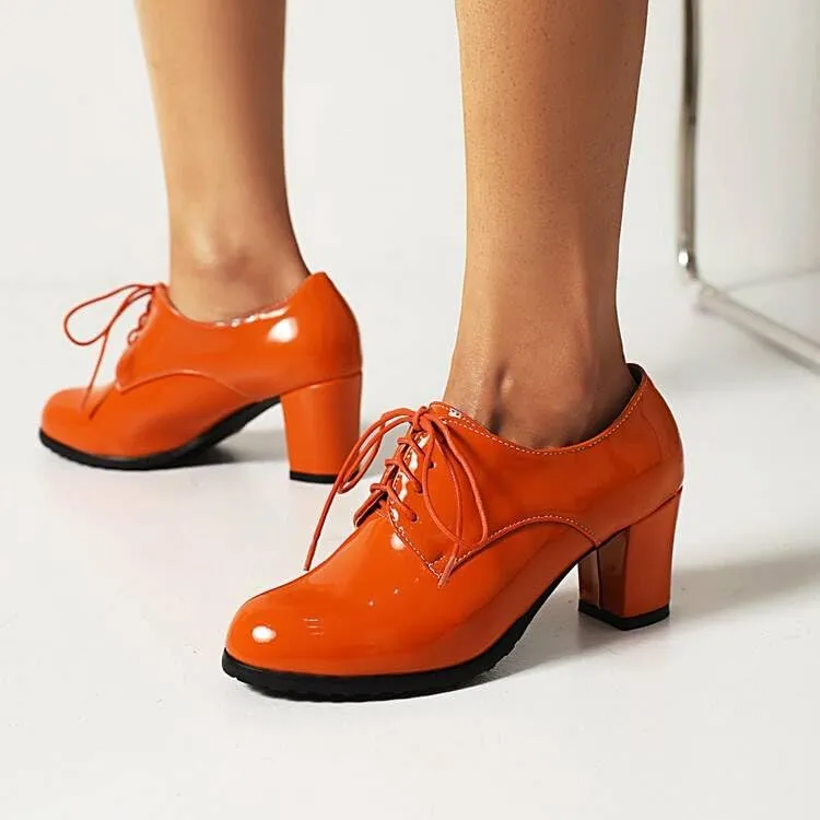 Women Vintage Style Lace Up Derby Shoes Glossy Patent Round Toe High Block Heels