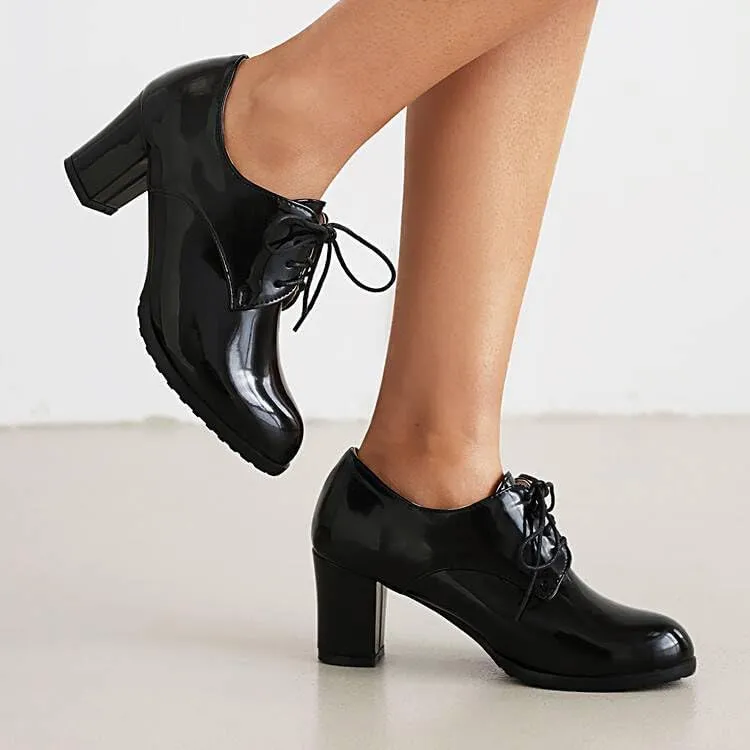 Women Vintage Style Lace Up Derby Shoes Glossy Patent Round Toe High Block Heels