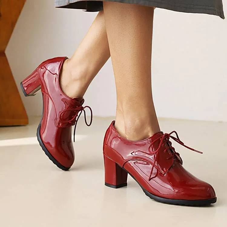 Women Vintage Style Lace Up Derby Shoes Glossy Patent Round Toe High Block Heels