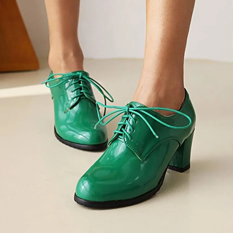 Women Vintage Style Lace Up Derby Shoes Glossy Patent Round Toe High Block Heels