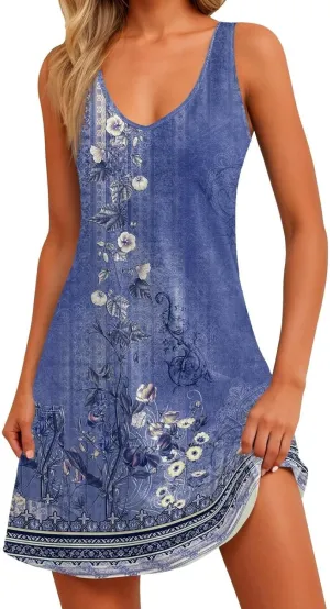 Womens 2025 Summer Midi Dress Sleeveless Boho Floral Printed V Neck Spaghetti Strap Beach Long Dress with Pockets