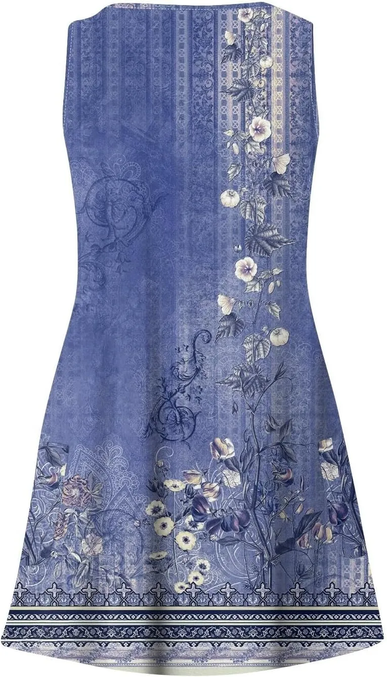 Womens 2025 Summer Midi Dress Sleeveless Boho Floral Printed V Neck Spaghetti Strap Beach Long Dress with Pockets