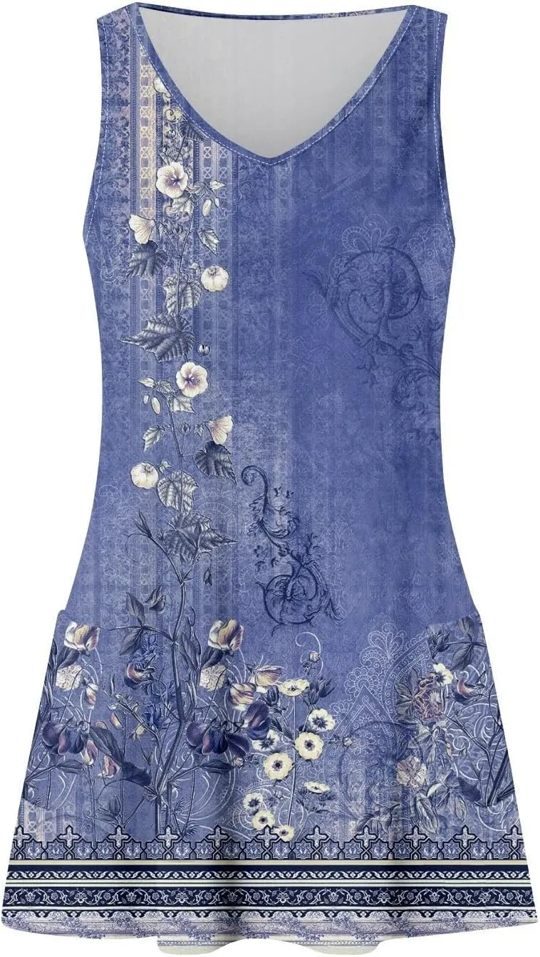 Womens 2025 Summer Midi Dress Sleeveless Boho Floral Printed V Neck Spaghetti Strap Beach Long Dress with Pockets