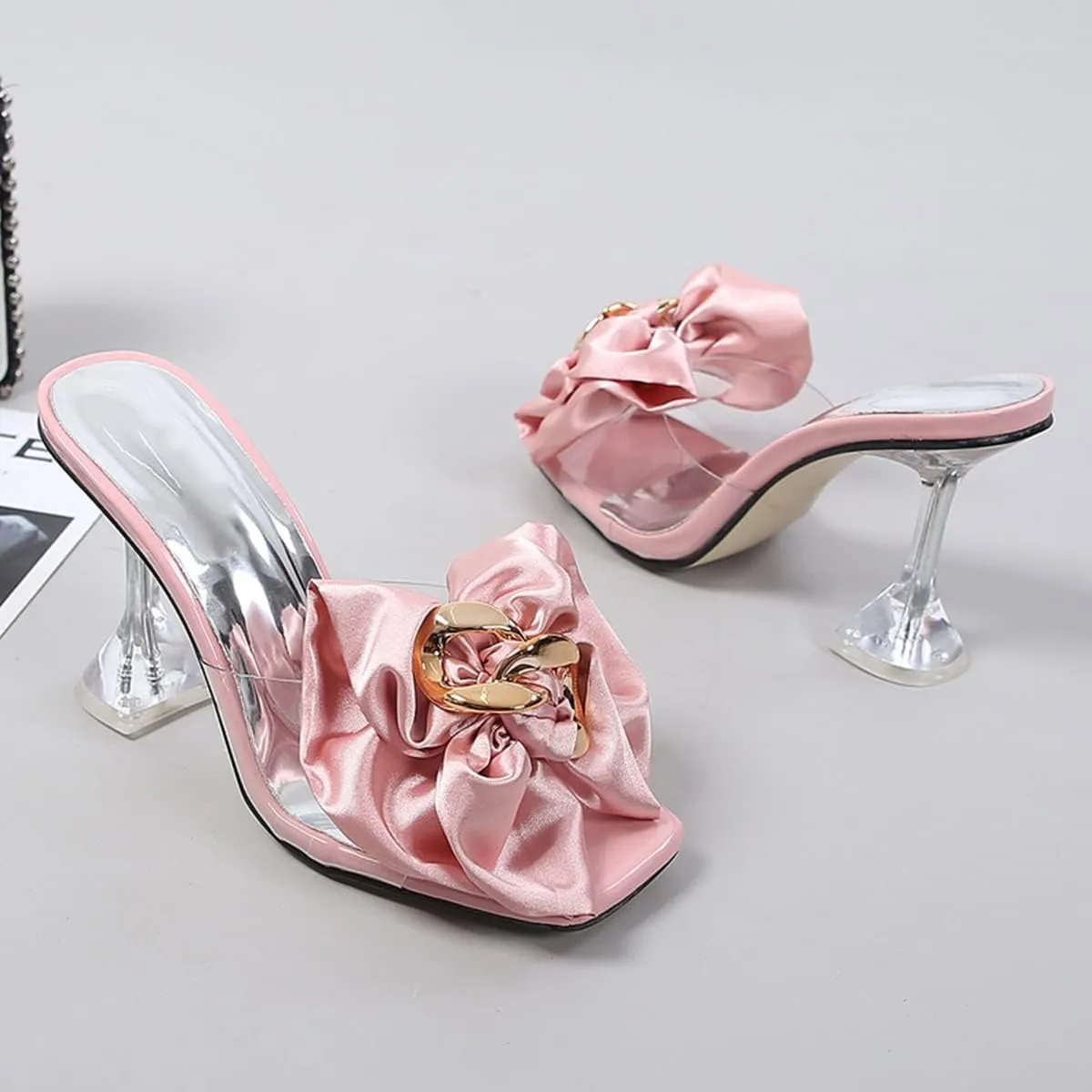 Women's Clear High Heel Mule Sandal Square Open toe Slide on Wedding Party Dress Shoes with Bow