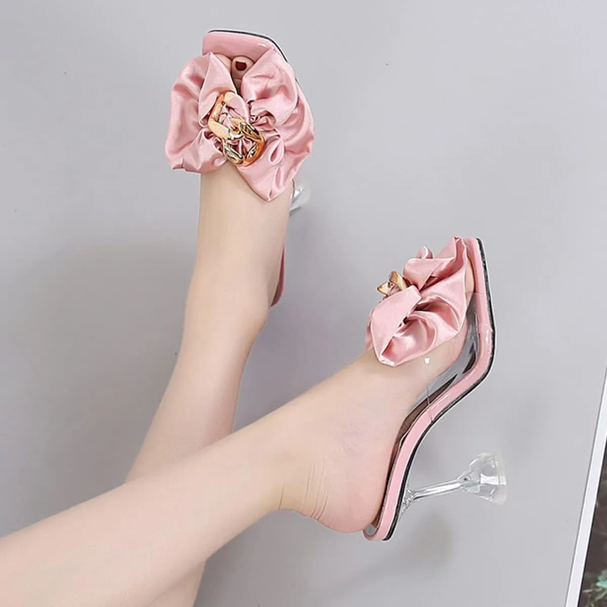 Women's Clear High Heel Mule Sandal Square Open toe Slide on Wedding Party Dress Shoes with Bow