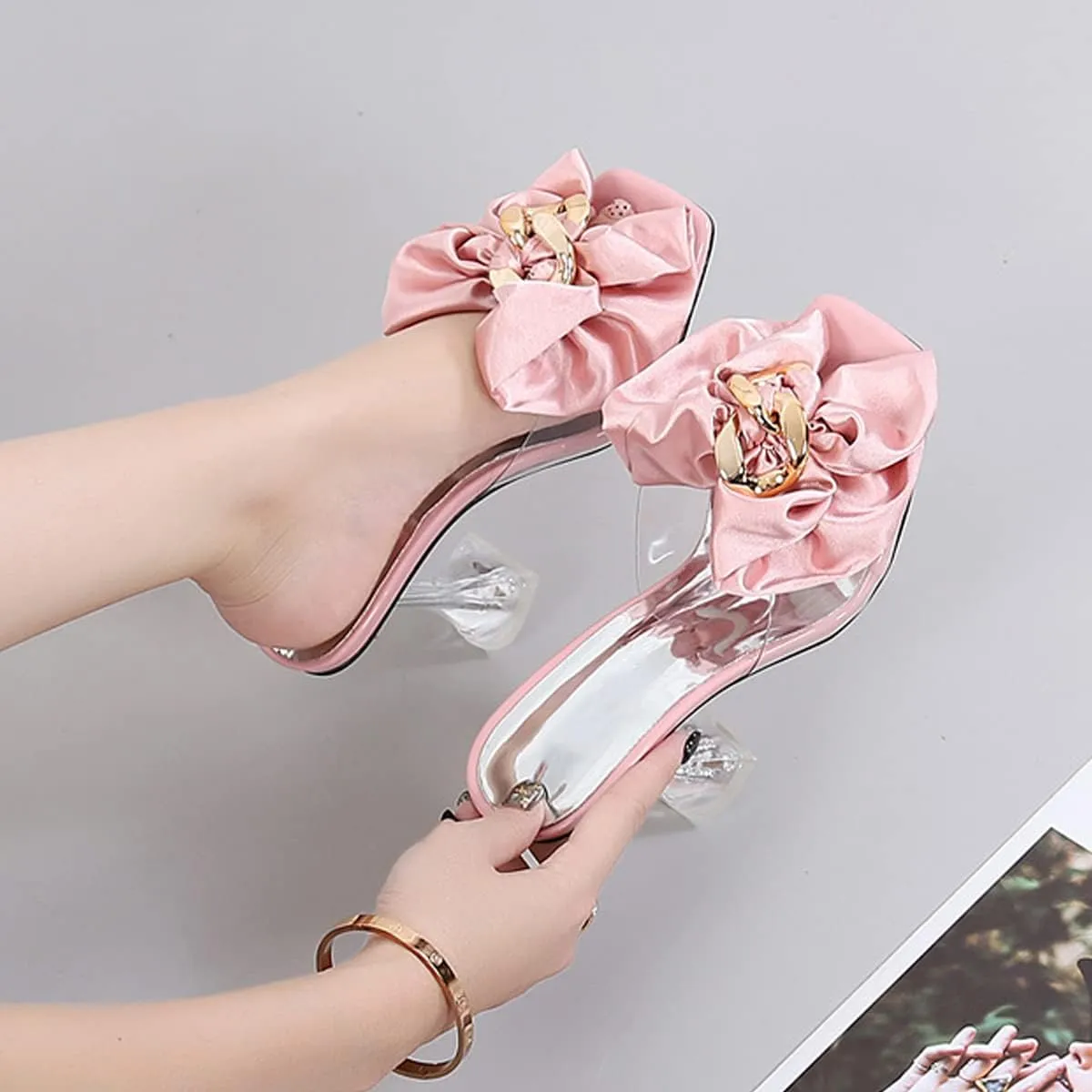 Women's Clear High Heel Mule Sandal Square Open toe Slide on Wedding Party Dress Shoes with Bow