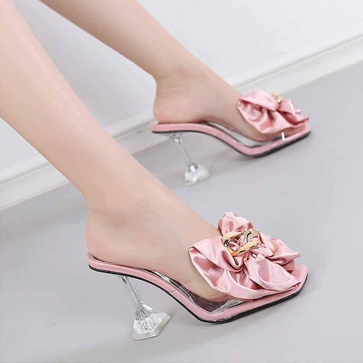 Women's Clear High Heel Mule Sandal Square Open toe Slide on Wedding Party Dress Shoes with Bow