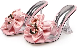 Women's Clear High Heel Mule Sandal Square Open toe Slide on Wedding Party Dress Shoes with Bow