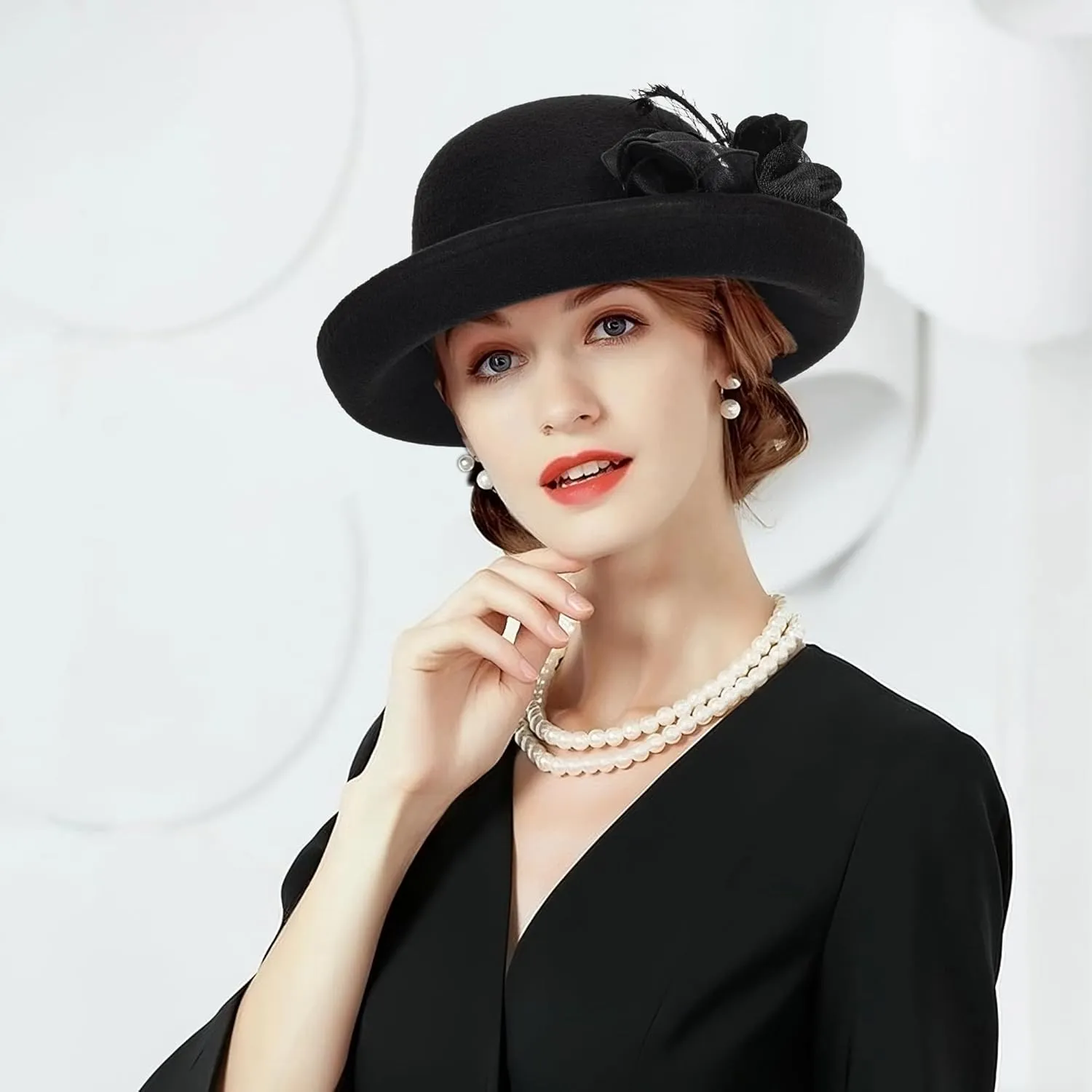 Women's Cloche-Bucket-Hats Vintage Church-Derby - 1920S Wool Felt Winter Upturn Brim Bowler Wedding Party Hats
