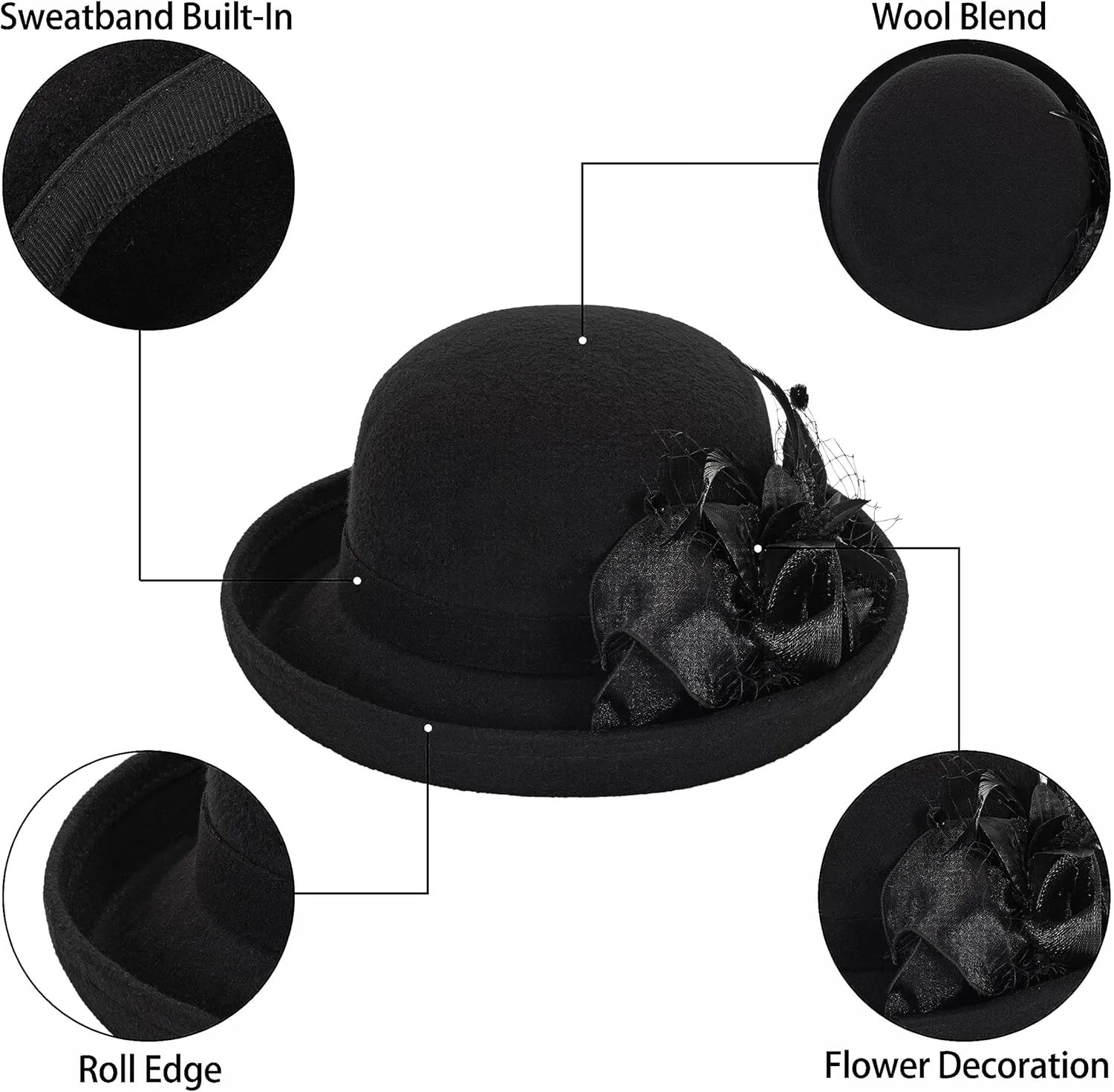 Women's Cloche-Bucket-Hats Vintage Church-Derby - 1920S Wool Felt Winter Upturn Brim Bowler Wedding Party Hats