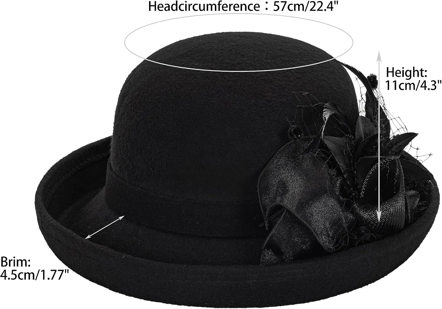 Women's Cloche-Bucket-Hats Vintage Church-Derby - 1920S Wool Felt Winter Upturn Brim Bowler Wedding Party Hats