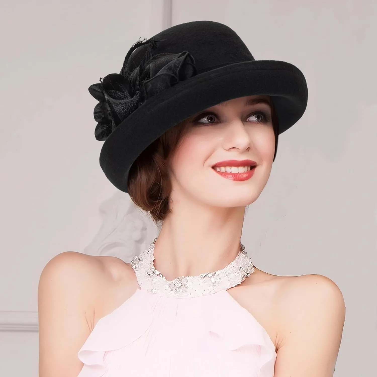 Women's Cloche-Bucket-Hats Vintage Church-Derby - 1920S Wool Felt Winter Upturn Brim Bowler Wedding Party Hats
