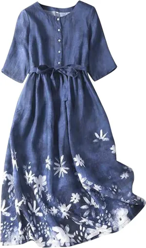 Women's Cotton Linen Dresses Summer Plus Size Floral Tunic Maxi Dreses Dressy Casual Summer Vacation Outfits