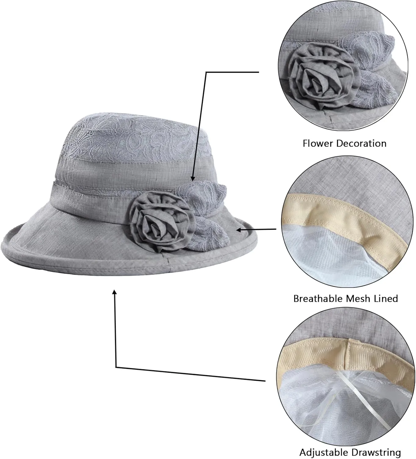 Women's Foldable Floral Bucket Hat Wide Brim Derby Church Wedding Fascinators Cloche Bowler Sun Hat