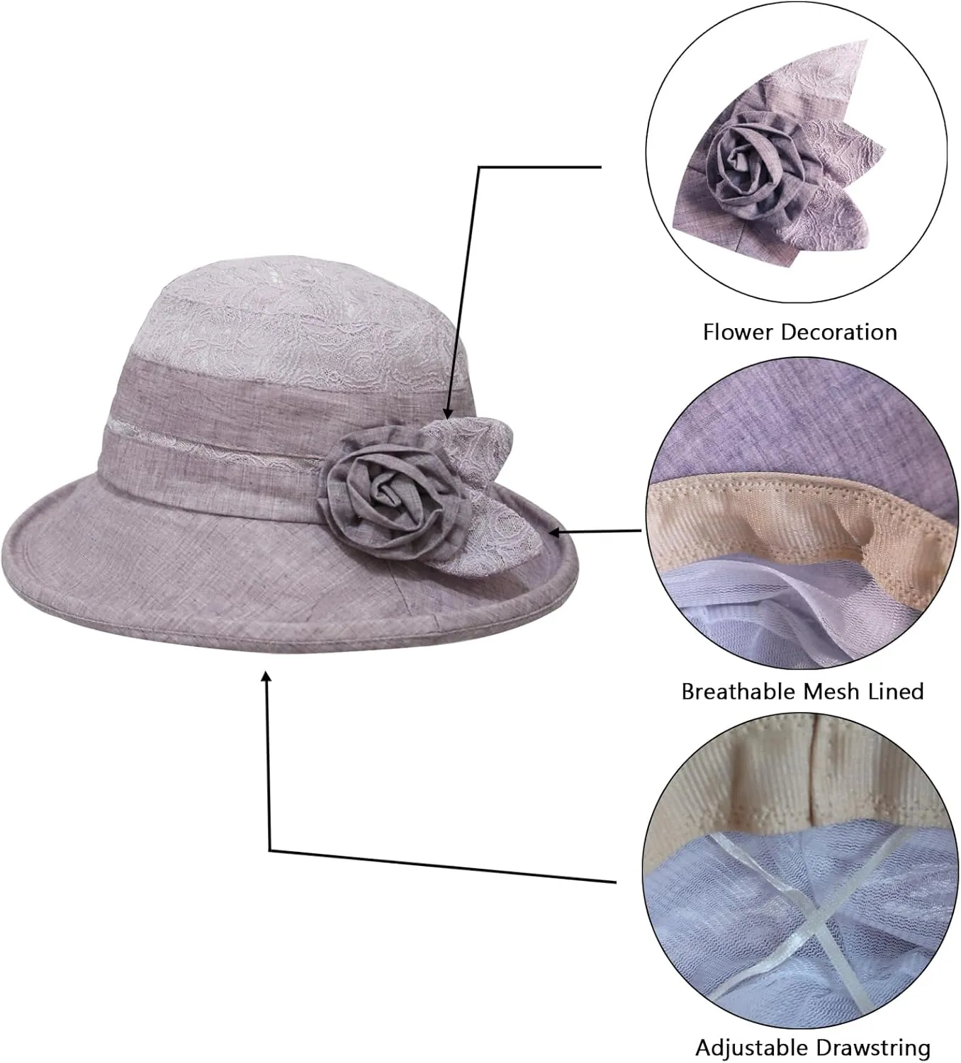 Women's Foldable Floral Bucket Hat Wide Brim Derby Church Wedding Fascinators Cloche Bowler Sun Hat