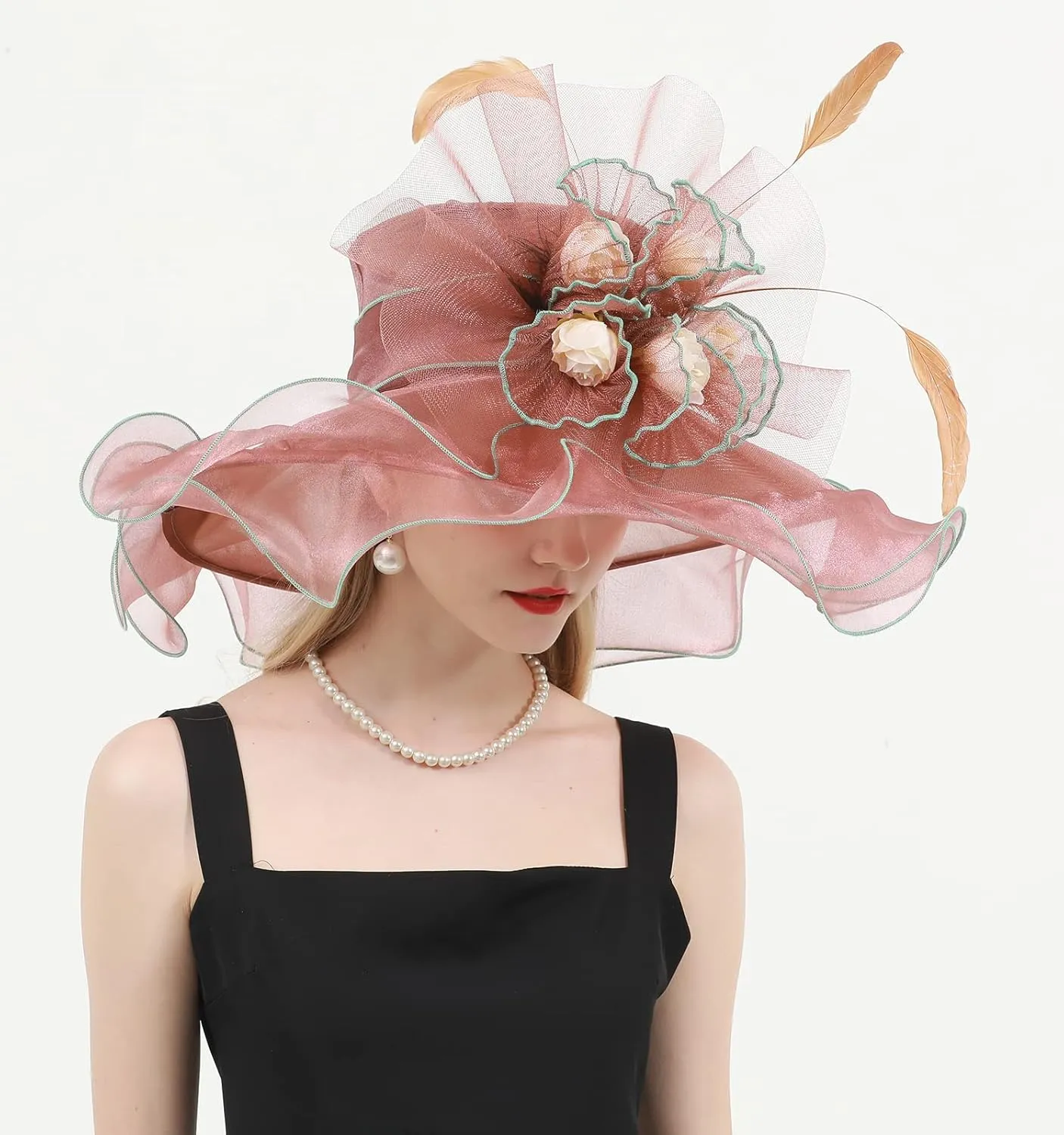 Women's Kentucky Derby Church Dress Hat Wide Brim Leaf Flower Bridal Shower Hat