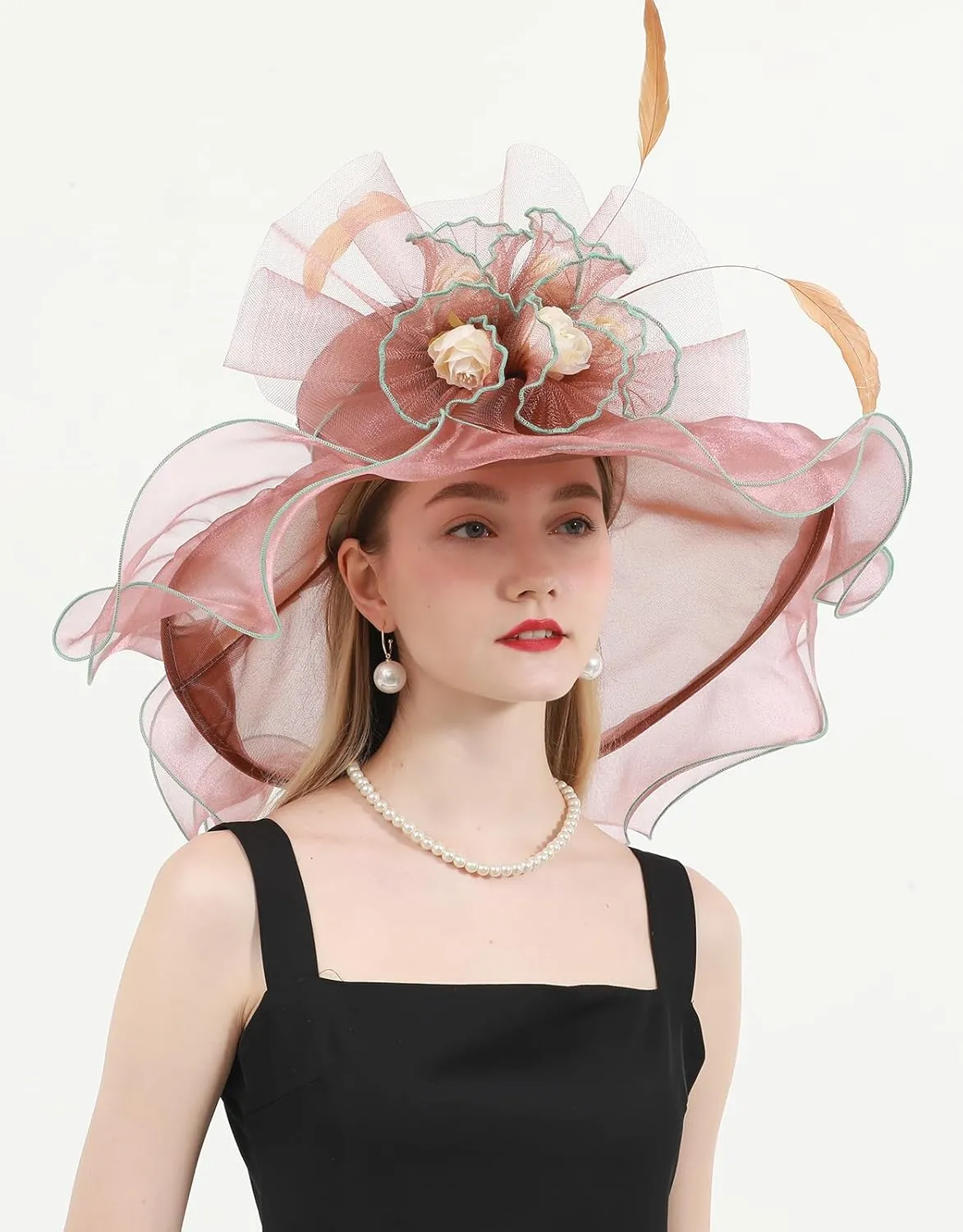 Women's Kentucky Derby Church Dress Hat Wide Brim Leaf Flower Bridal Shower Hat