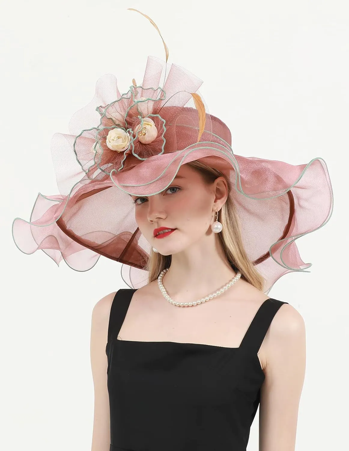 Women's Kentucky Derby Church Dress Hat Wide Brim Leaf Flower Bridal Shower Hat