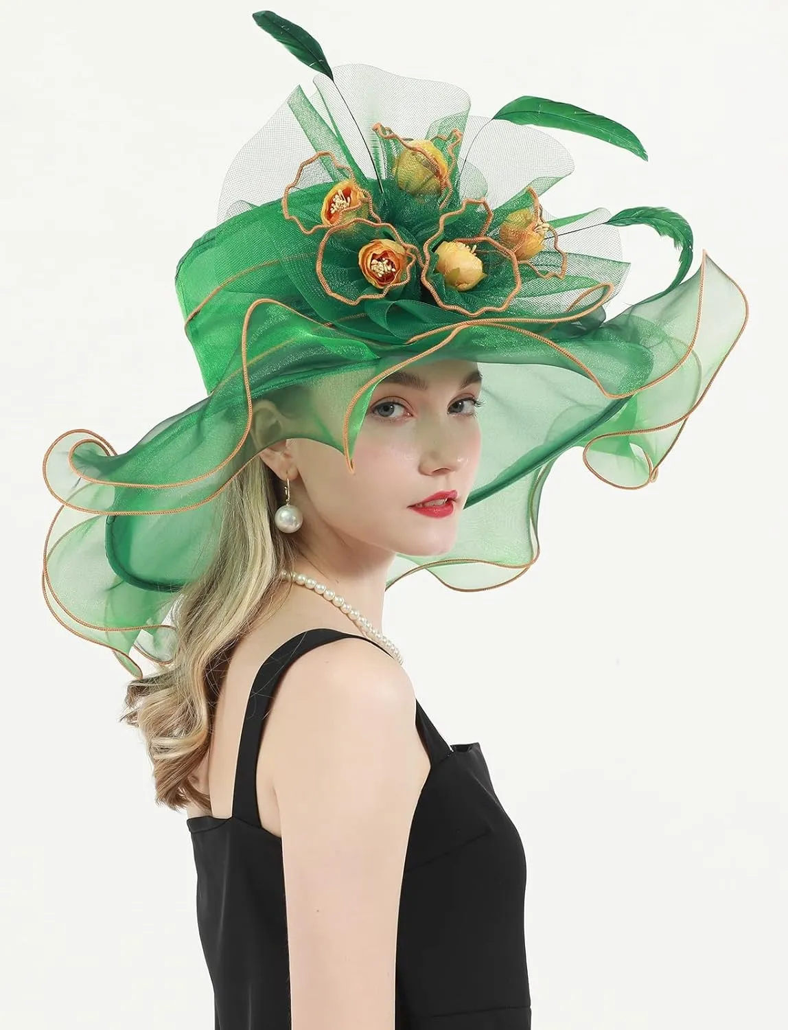 Women's Kentucky Derby Church Dress Hat Wide Brim Leaf Flower Bridal Shower Hat