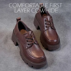 Women's Leather Lace Up Chunky Platform Oxfords Comfortable Soft Sole Round Toe Heightening Non Slip Dress Shoes Vintage Lug Sole Office Business Shoes