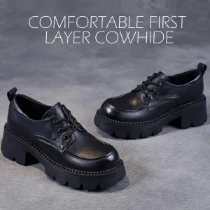 Women's Leather Lace Up Chunky Platform Oxfords Comfortable Soft Sole Round Toe Heightening Non Slip Dress Shoes Vintage Lug Sole Office Business Shoes