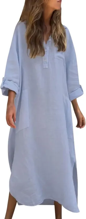 Women's Linen Maxi Dress with Pockets Long Sleeve Casual Button V Neck Oversized Dresses Loose Fit Beach Long Dress