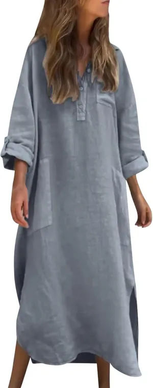 Women's Linen Maxi Dress with Pockets Long Sleeve Casual Button V Neck Oversized Dresses Loose Fit Beach Long Dress