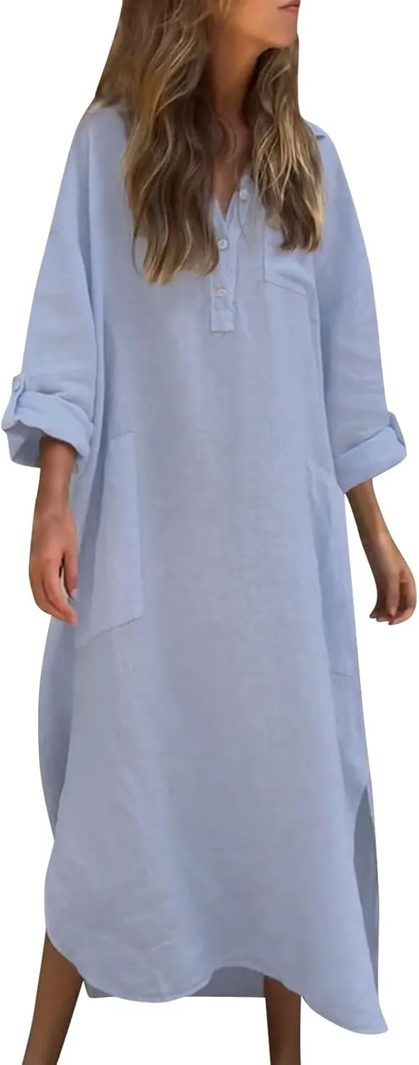 Women's Linen Maxi Dress with Pockets Long Sleeve Casual Button V Neck Oversized Dresses Loose Fit Beach Long Dress