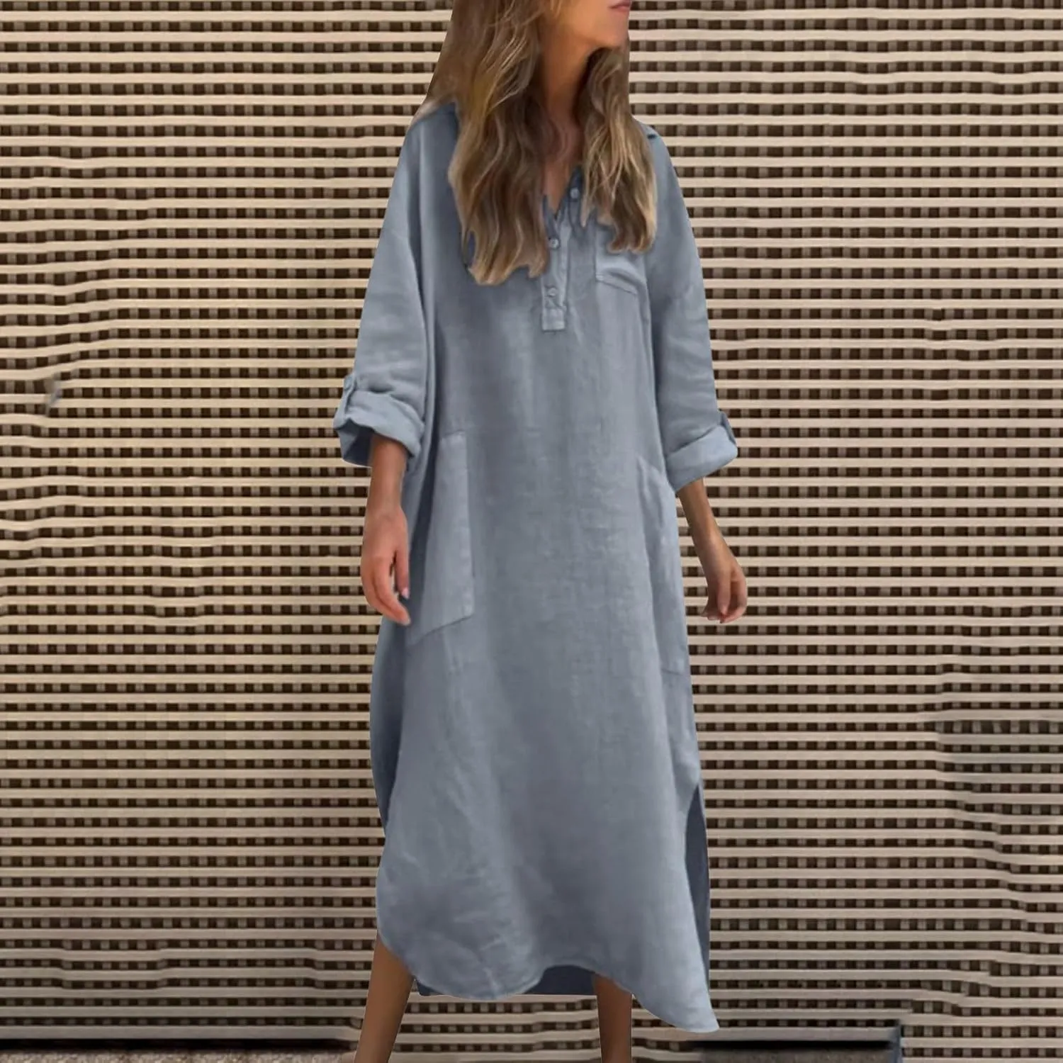 Women's Linen Maxi Dress with Pockets Long Sleeve Casual Button V Neck Oversized Dresses Loose Fit Beach Long Dress