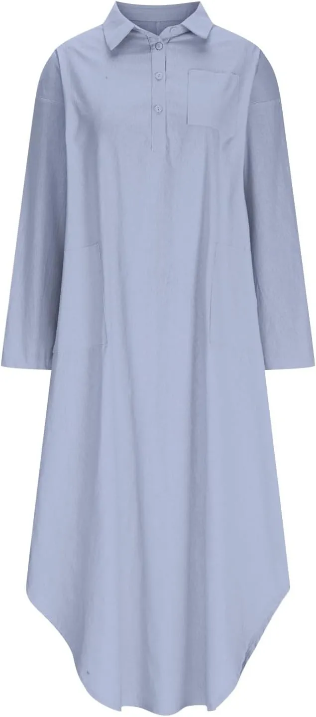Women's Linen Maxi Dress with Pockets Long Sleeve Casual Button V Neck Oversized Dresses Loose Fit Beach Long Dress