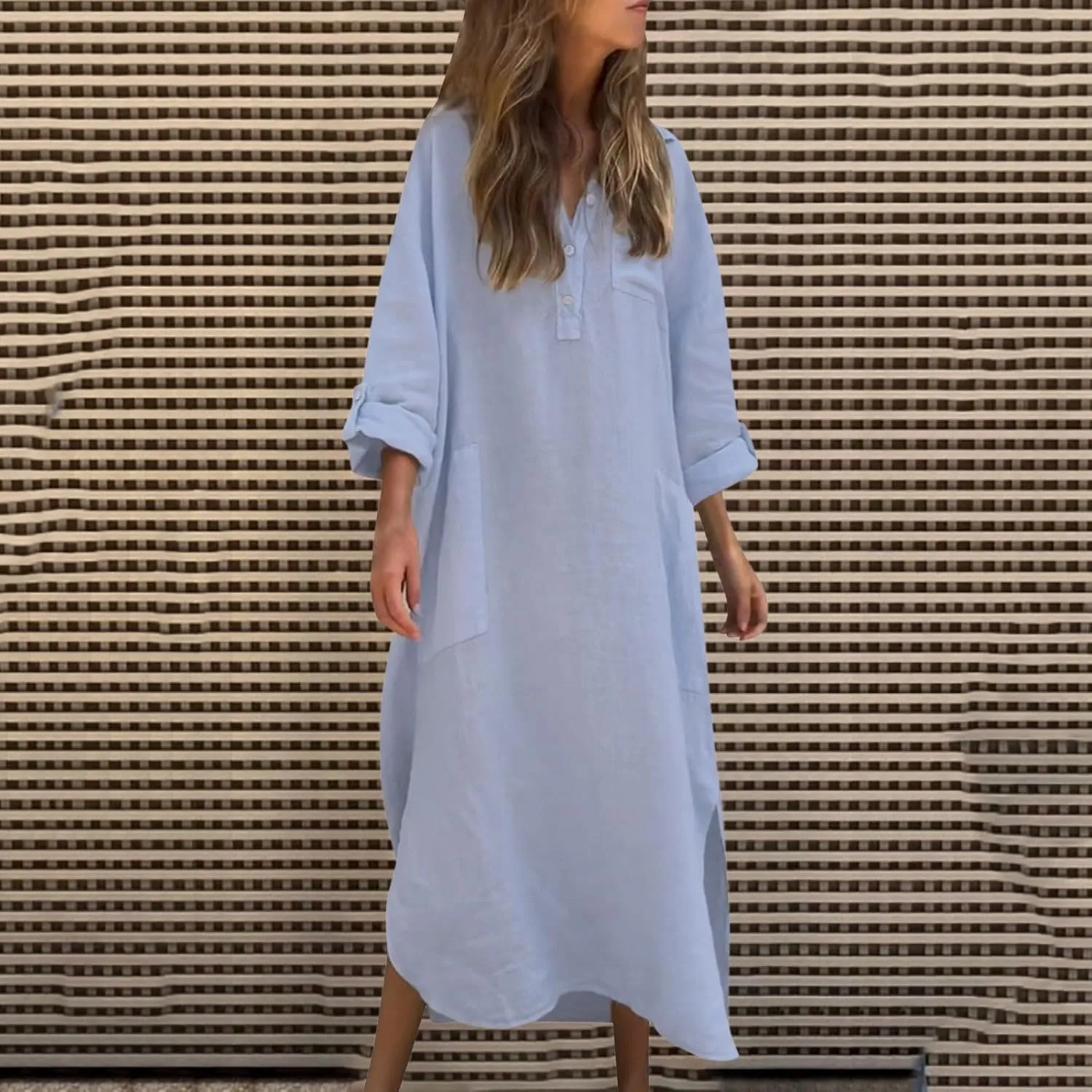 Women's Linen Maxi Dress with Pockets Long Sleeve Casual Button V Neck Oversized Dresses Loose Fit Beach Long Dress