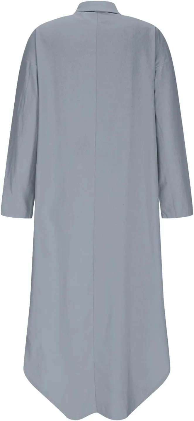 Women's Linen Maxi Dress with Pockets Long Sleeve Casual Button V Neck Oversized Dresses Loose Fit Beach Long Dress