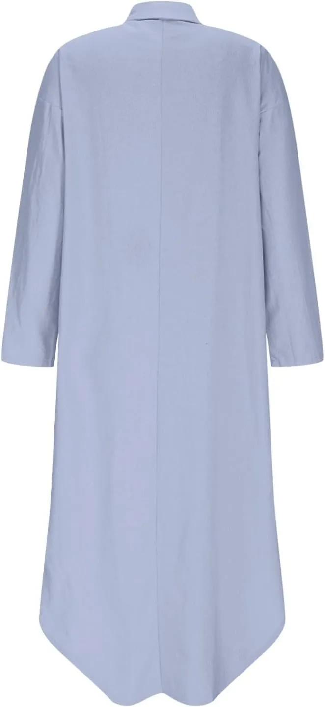 Women's Linen Maxi Dress with Pockets Long Sleeve Casual Button V Neck Oversized Dresses Loose Fit Beach Long Dress
