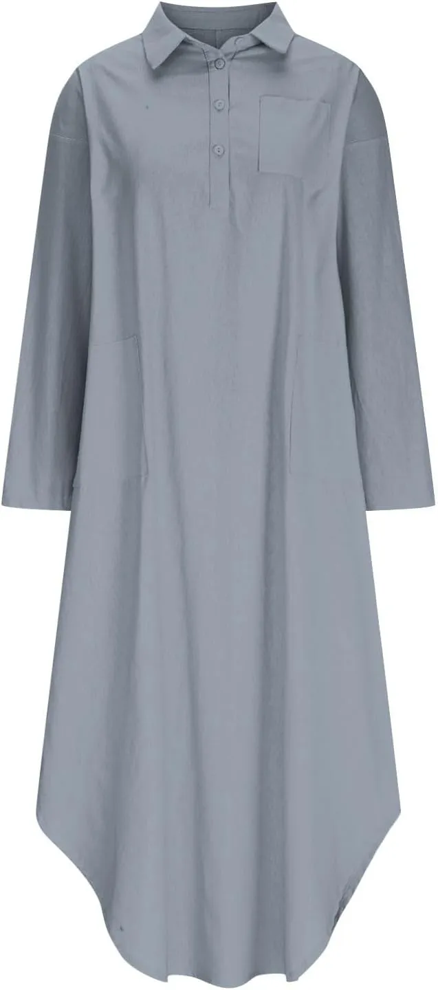 Women's Linen Maxi Dress with Pockets Long Sleeve Casual Button V Neck Oversized Dresses Loose Fit Beach Long Dress