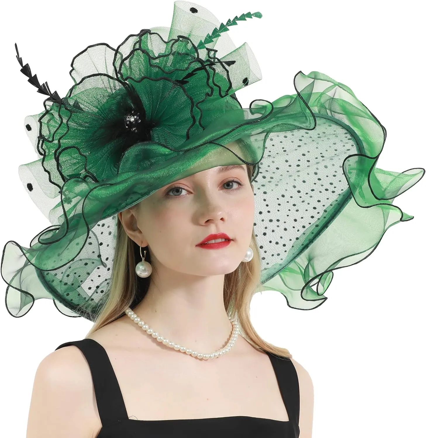 Women's Organza Church Derby Hat Bridal Tea Party Wedding Tea Party Sun Hat with Detachable hat flower as headgear