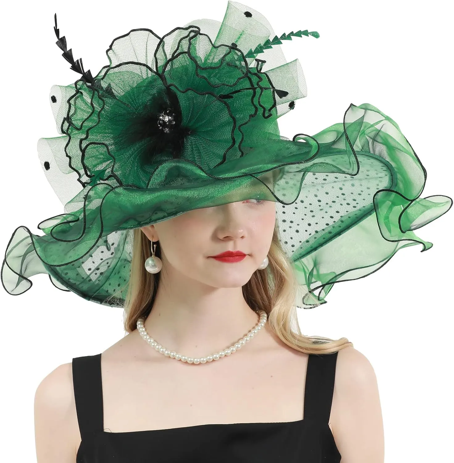 Women's Organza Church Derby Hat Bridal Tea Party Wedding Tea Party Sun Hat with Detachable hat flower as headgear