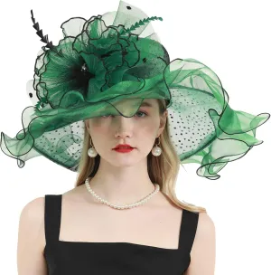 Women's Organza Church Derby Hat Bridal Tea Party Wedding Tea Party Sun Hat with Detachable hat flower as headgear