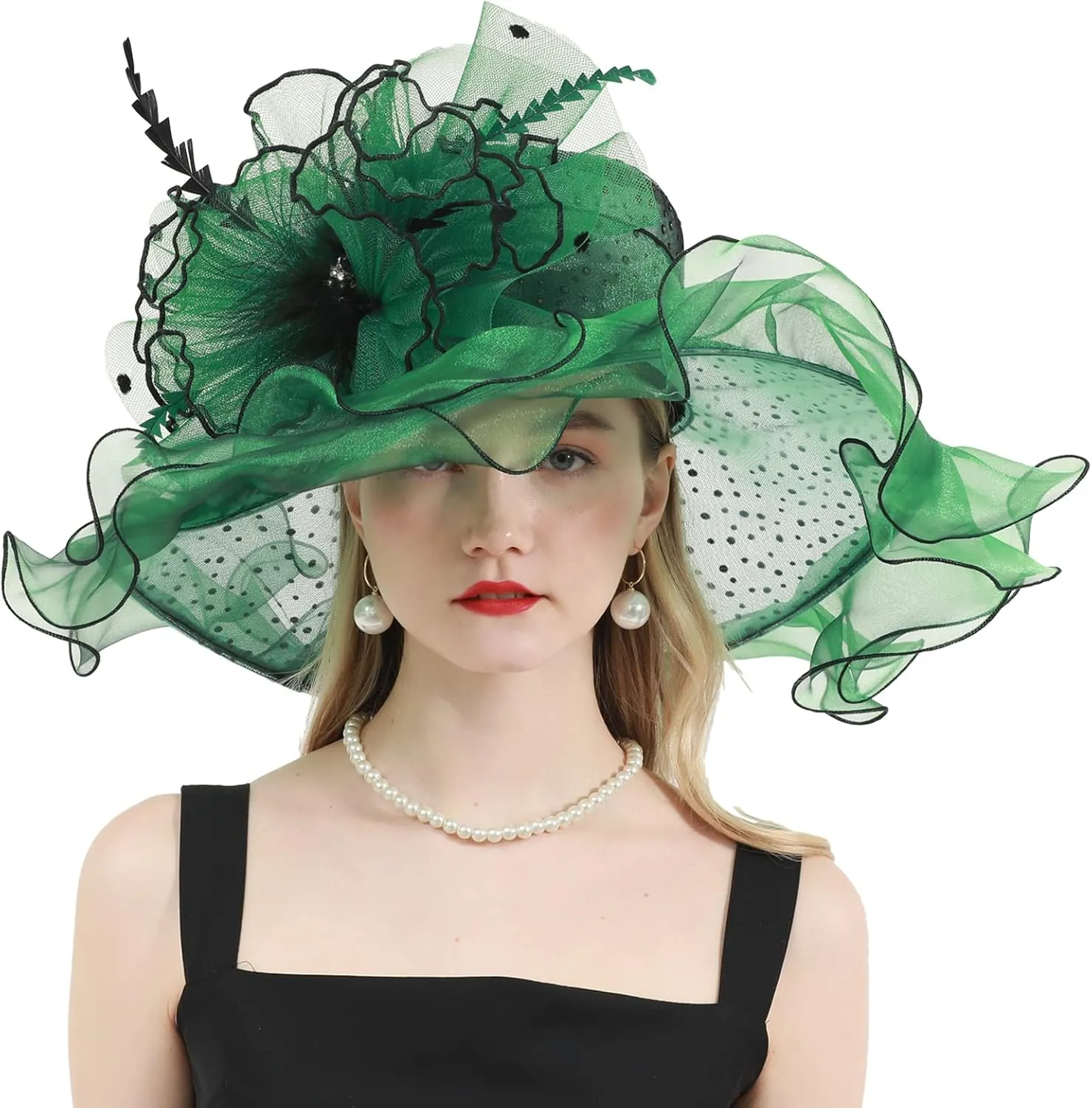 Women's Organza Church Derby Hat Bridal Tea Party Wedding Tea Party Sun Hat with Detachable hat flower as headgear