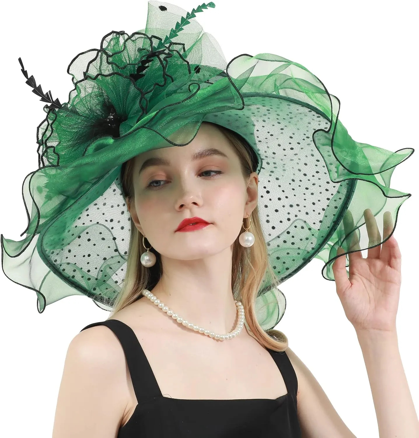 Women's Organza Church Derby Hat Bridal Tea Party Wedding Tea Party Sun Hat with Detachable hat flower as headgear