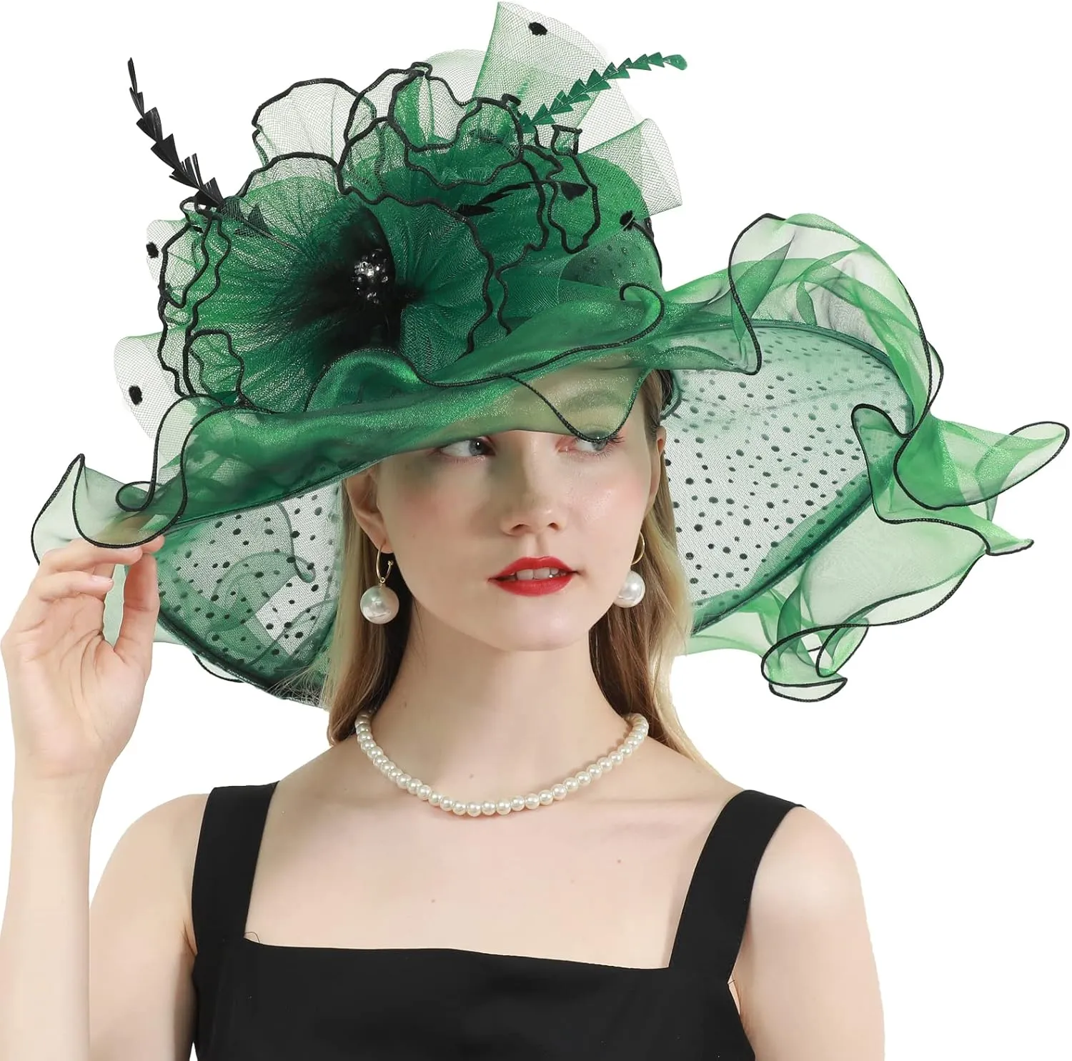 Women's Organza Church Derby Hat Bridal Tea Party Wedding Tea Party Sun Hat with Detachable hat flower as headgear