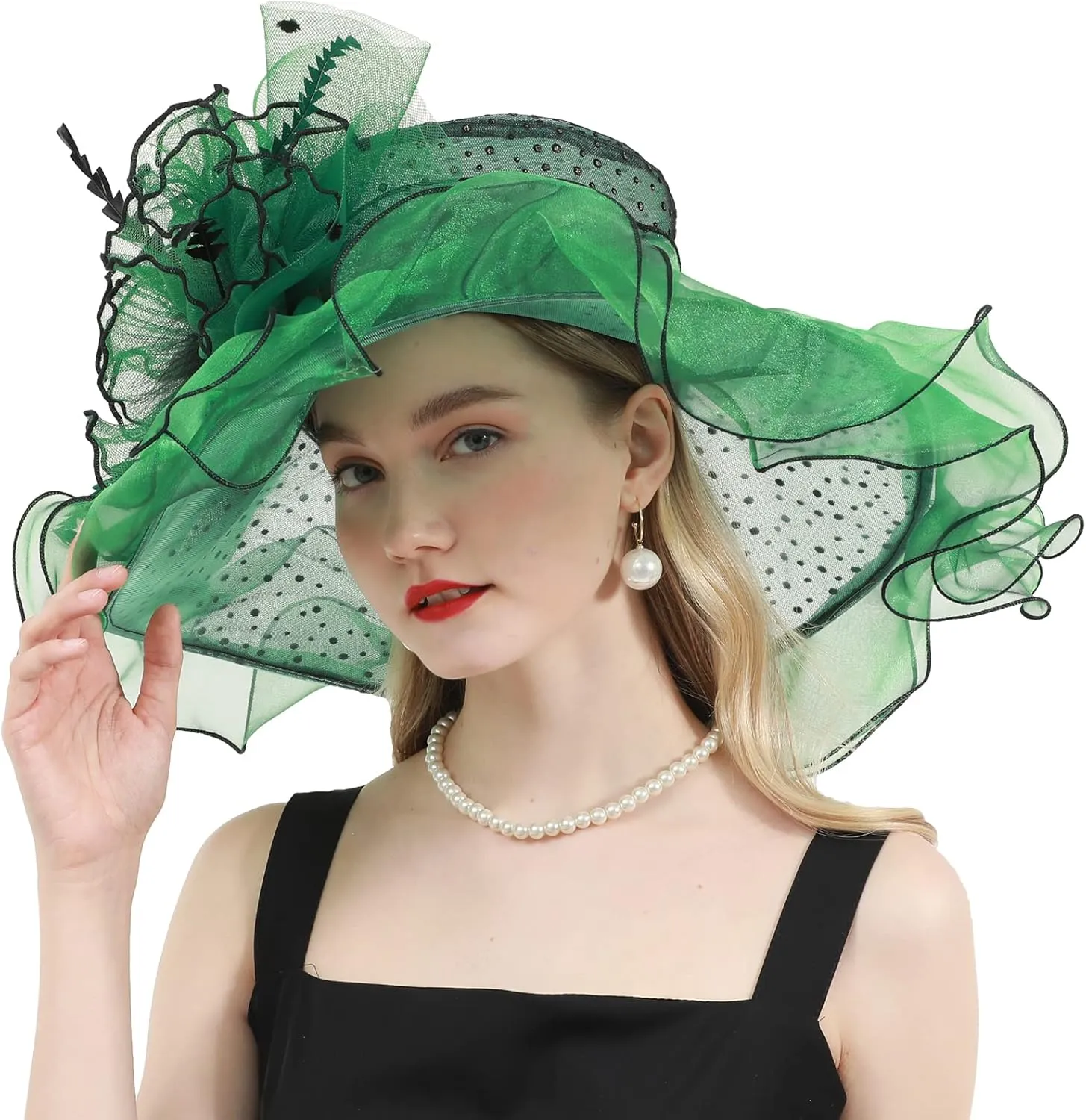 Women's Organza Church Derby Hat Bridal Tea Party Wedding Tea Party Sun Hat with Detachable hat flower as headgear