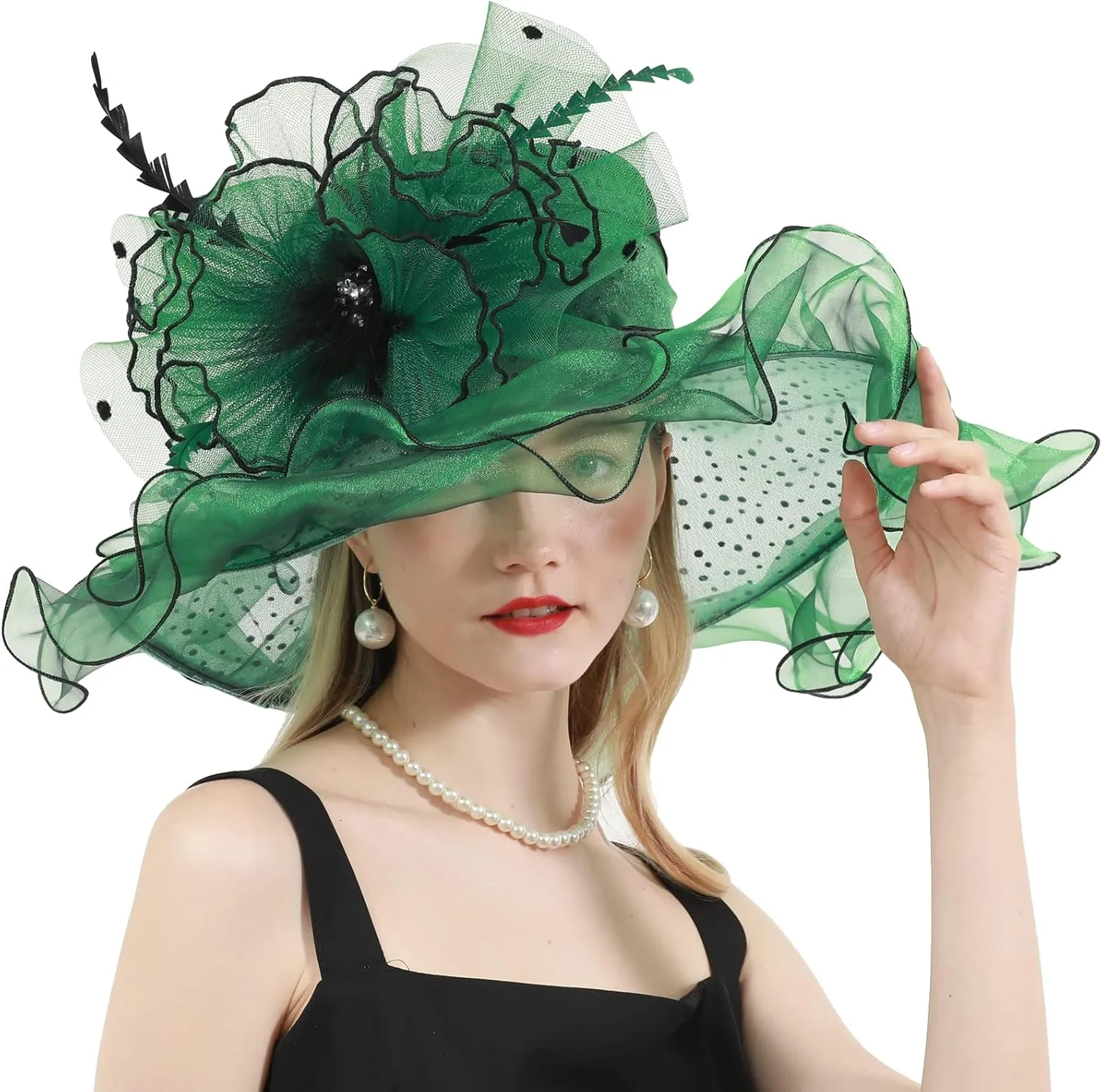 Women's Organza Church Derby Hat Bridal Tea Party Wedding Tea Party Sun Hat with Detachable hat flower as headgear