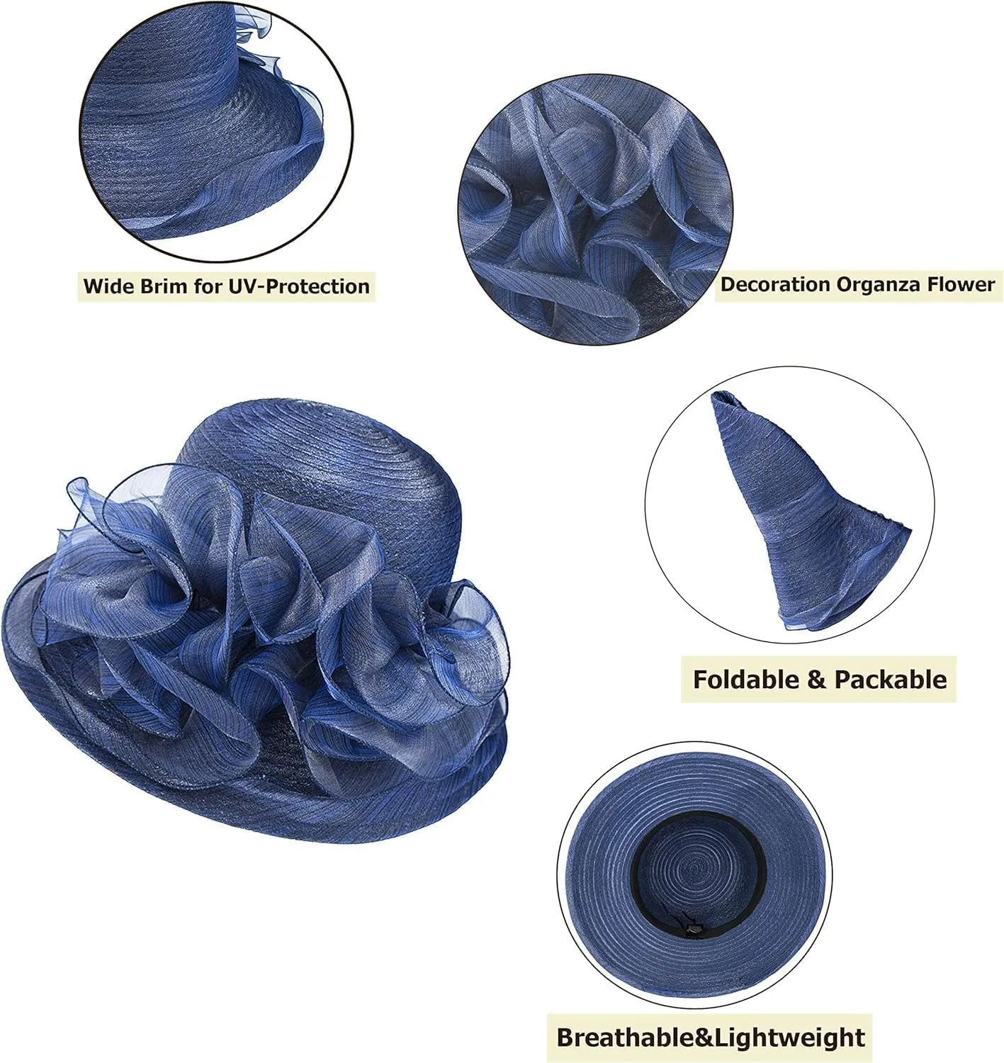 Women's Organza Kentucky Cloche Bowler Hat Church Fascinator for Tea Party Bridal Wedding Dress Hat(Size:M-L)