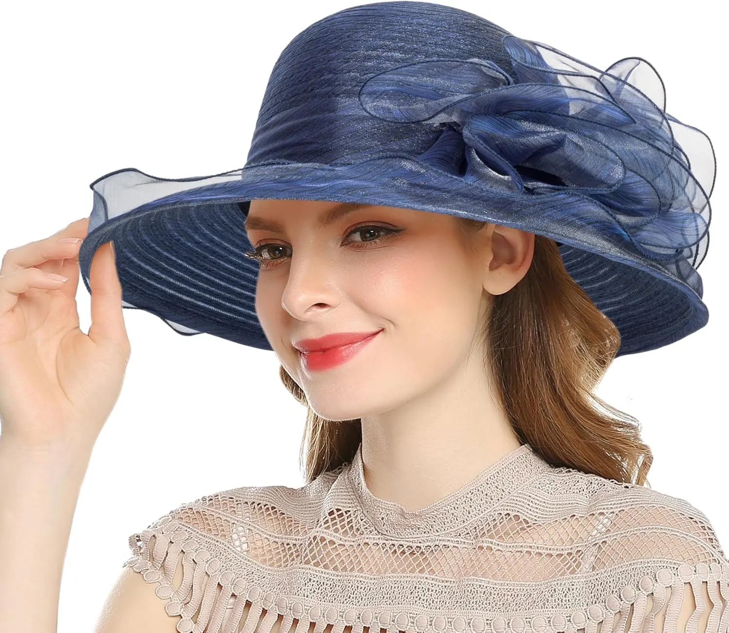 Women's Organza Kentucky Cloche Bowler Hat Church Fascinator for Tea Party Bridal Wedding Dress Hat(Size:M-L)