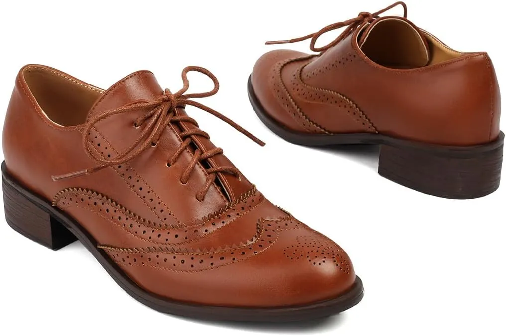 Women's Perforated Classic Lace-up Oxfords Brogue Wingtip Round Toe Derby Saddle Faux Leather Flat Shoes Evening Party Work Jeans Dress Shoes