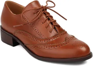 Women's Perforated Classic Lace-up Oxfords Brogue Wingtip Round Toe Derby Saddle Faux Leather Flat Shoes Evening Party Work Jeans Dress Shoes