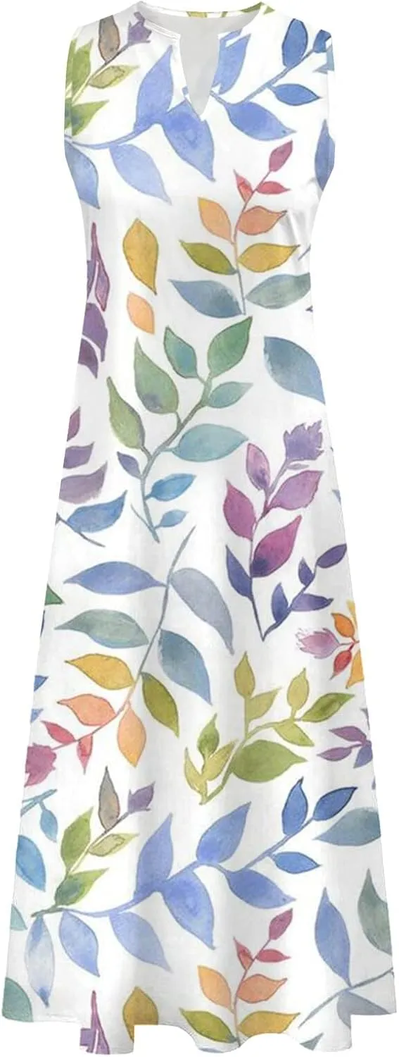Women's Sexy Bodycon Tank Dress Boho Floral Printed Basic Sleeveless Maxi Dresses V Neck Party Club Beach Sundresses